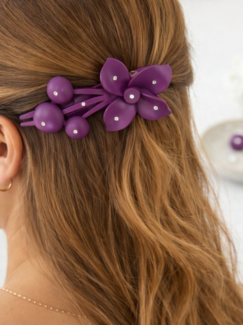 Plum Purple Floral Hair Clip Rhinestone Accent Matte Finish Statement Barrette